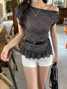 DAZY Women's Floral Asymmetric Shoulder Ruffle Hem Fashion T-Shirt - Grey - View 1