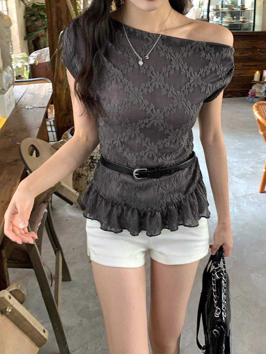 DAZY Women's Floral Asymmetric Shoulder Ruffle Hem Fashion T-Shirt - Grey - View 1