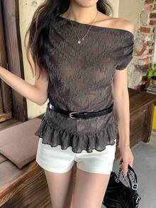 DAZY Women's Floral Asymmetric Shoulder Ruffle Hem Fashion T-Shirt - Grey - View 3