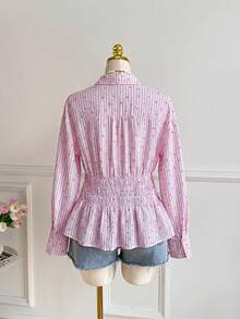 SHEIN EZwear Camisa casual de talla grande con estampado de corazones a rayas, otoño - Multicolor - Ver 2