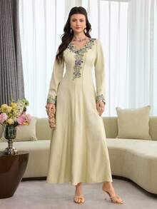 Al Najma Embroidered Lace Trim Splice Elegant Elegant Fashion Long Sleeve Modest Dress - Apricot - View 5