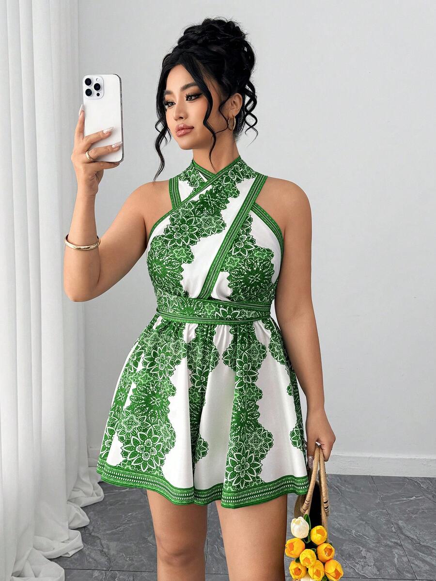 Elenzga 女士优雅休闲复古印花露背交叉连体裤 - 綠色 - 查看 1
