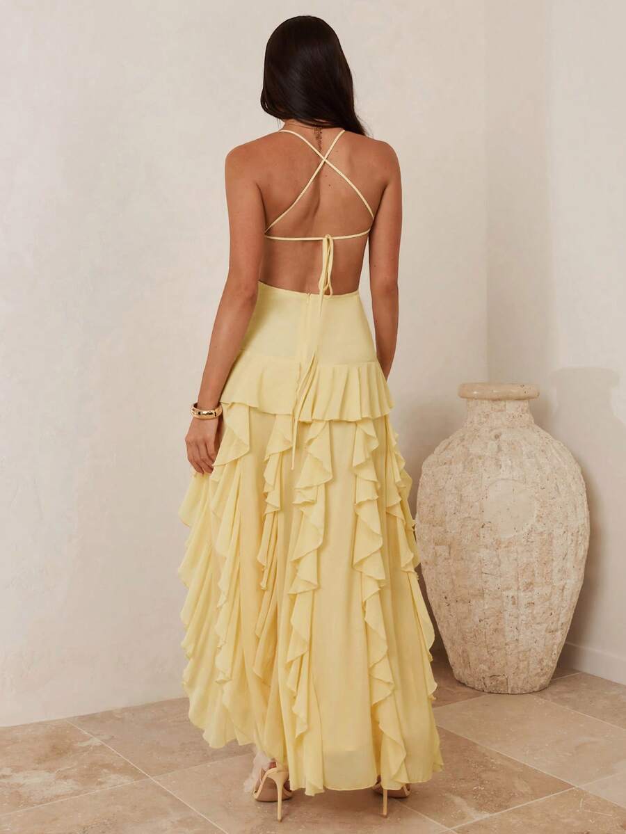 Enchnt 女士优雅露背吊带荷叶边开衩连衣裙，夏季 - 黃色 - 查看 1