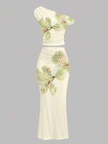 少女优雅时尚浅绿色休闲度假沙滩印花不对称褶皱修身两件套，适合春夏日常、度假、海滩、派对等场合。 - 彩色 - 查看 6