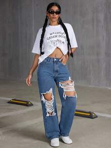 SHEIN ICON Distressed Slant Pocket Casual Loose Straight Leg Jeans - Medium Wash - View 5