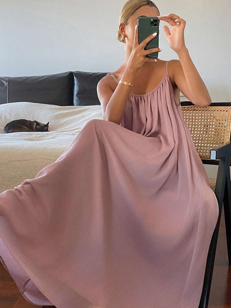 Women's Solid Color Ruched Backless Casual Dress Sundress Summer