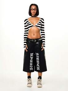 SUMWON WOMEN 女士长袖条纹针织上衣，前开襟V领修身短款开衫，叠穿必备单品 - 黑與白 - 查看 3