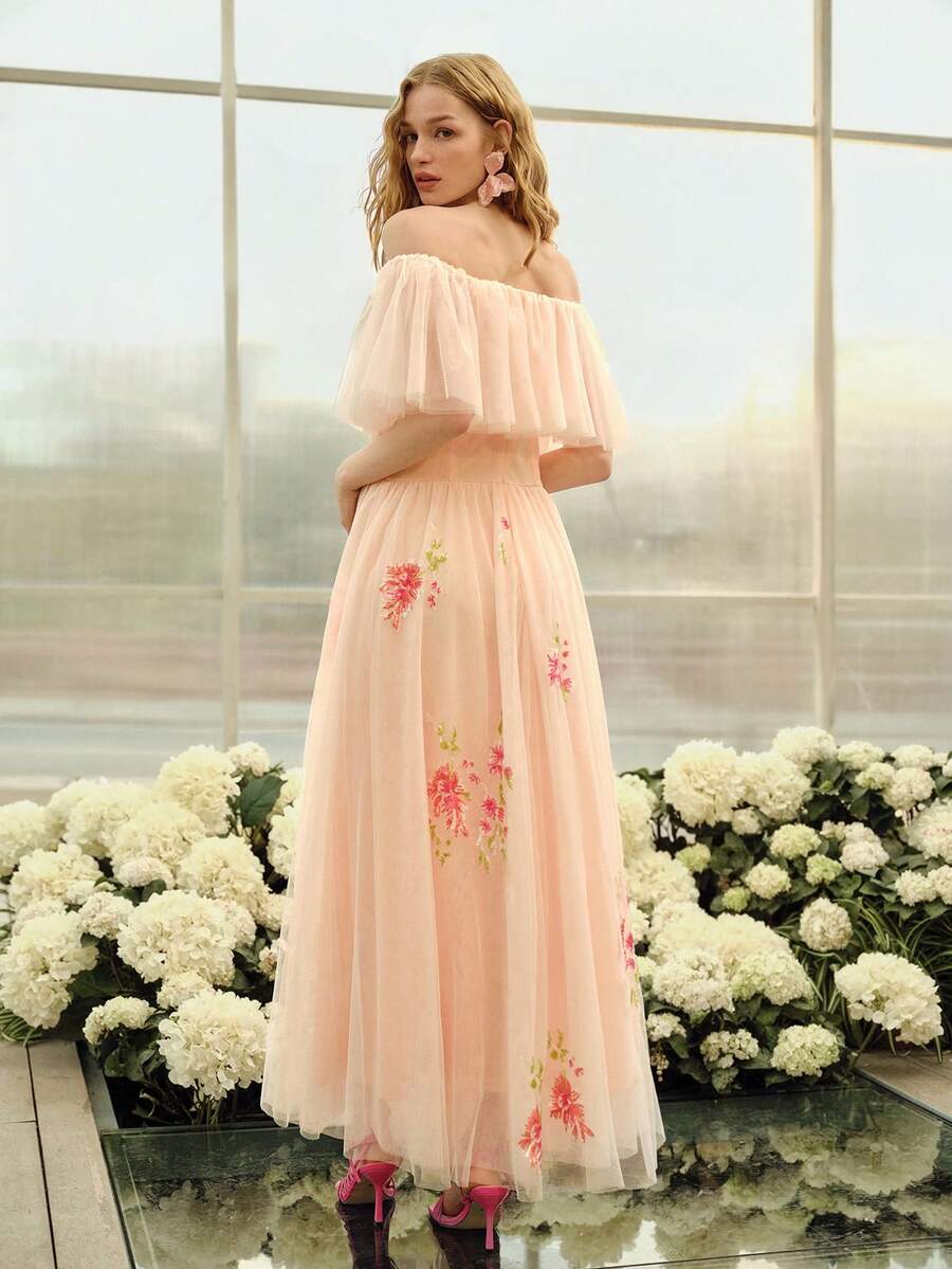 MOTF PREMIUM 女士浪漫荷叶边露肩收腰A字连衣裙，春夏款 - 珊瑚粉 - 查看 2