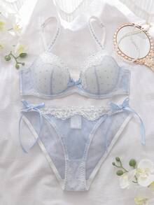 Light Blue Polka Dot Lace Patchwork, Bow Accent, Sheer Mesh Fabric Lingerie Set - Baby Blue - View 1