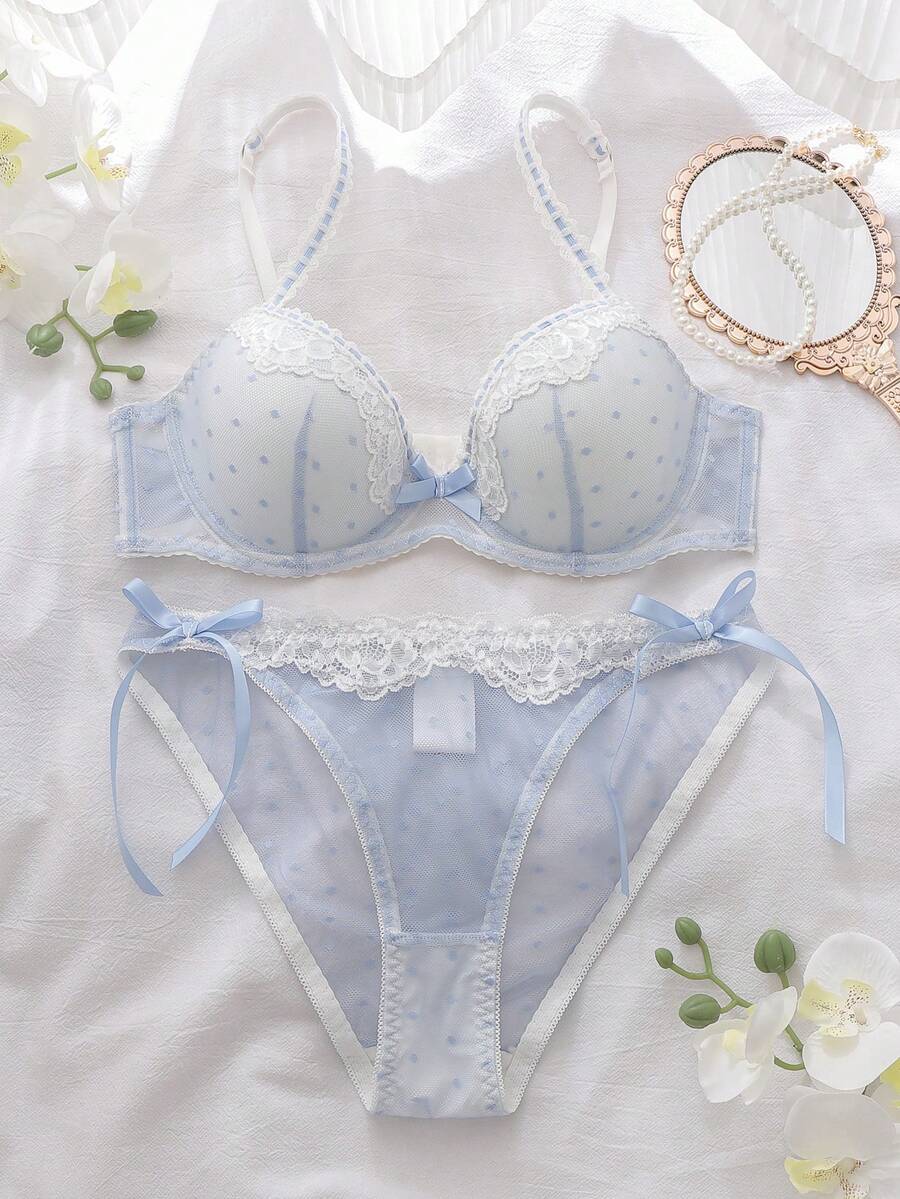 Light Blue Polka Dot Lace Patchwork, Bow Accent, Sheer Mesh Fabric Lingerie Set - Baby Blue - View 1