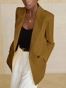 Aveloria Modichic 女士商务风纯色双排扣西装外套，适合通勤和秋季穿着 - 黃色 - 查看 3