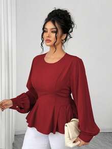 Elenzga Áo cánh dài tay cổ tròn nhún bèo thanh lịch cỡ lớn dành cho nữ - Đỏ - Xem 4