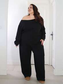 Pretty and Ole 大码休闲纯色斜肩上衣和裤子两件套，秋季两件套家居套装女女士两件套休闲两件套舒适两件套 - 黑色 - 查看 6