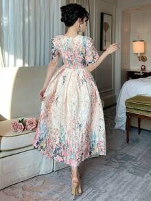 DAZY Elegant Lace Hollow Out Waist Cinching A-Line Dress With Stand Collar Short Sleeve Sundress Boho Vacation Outfits Women - Pink - View 6