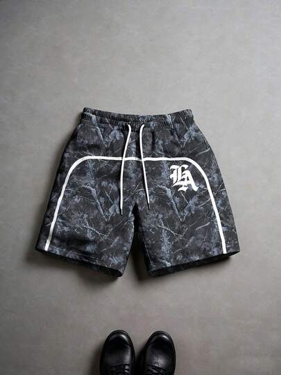 Manfinity EMRG Men's Summer Streetwear Black Grey Drawstring Shorts LA Los Angeles Gothic Letter Graphic Print Tree Branch Camo Camouflage Pattern Elastic Waist Piping Trim Quick Dry Beach Going Out Y2K Vintage Casual Beachwear Bottoms,Men's Letter Print Drawstring Waist Casual Versatile Daily Wear Shorts