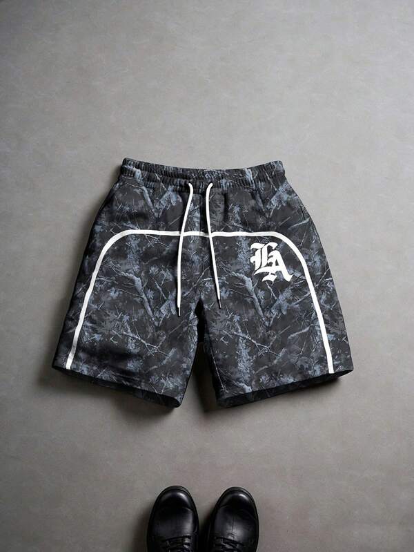 Manfinity EMRG Men's Summer Streetwear Black Grey Drawstring Shorts LA Los Angeles Gothic Letter Graphic Print Tree Branch Camo Camouflage Pattern Elastic Waist Piping Trim Quick Dry Beach Going Out Y2K Vintage Casual Beachwear Bottoms,Men's Letter Print Drawstring Waist Casual Versatile Daily Wear Shorts