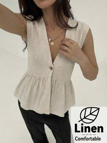 Aloruh 女士春夏新款亚麻西装外套，深V领设计，优雅休闲女士西装背心，夏季女装，夏季服装，夏季穿搭，夏季度假装，夏季上衣，夏季上衣，女士夏季上衣，女士衬衫，女士衬衫，优雅女士衬衫，夏季穿搭，女士夏季穿搭，女士休闲装，女士夏季穿搭，女士夏季上衣，女士上衣和衬衫，女士春季穿搭，女士最新款上衣，女士荷叶边上衣，女士亚麻上衣，女士荷叶边衬衫，女士休闲装，优雅 - 杏色 - 查看 3