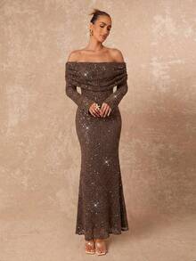 Lumalex Vestido ajustado de manga larga con hombros descubiertos y volantes en el bajo para mujeres - Marrón - Ver 5