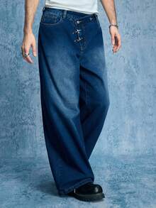 ROMWE MEN Street Life 男士休闲时尚街头日常通勤不对称腰带水洗宽松阔腿牛仔裤（不含腰带） - 藍色 - 查看 9