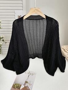 Comfortcana Plus Size Women Solid Color Drop Shoulder Open Front Loose Cardigan,Spring/Summer New Arrival Black Cardigan Bolero Shrug Open Front Top - Black - View 5