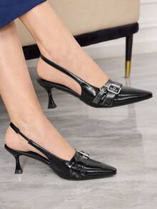 Sleekvia Women's Black Pointed Toe Front Button Gold Square Hollow Asymmetric Heel Pumps, Commuting & Casual Street Style - Black - View 5