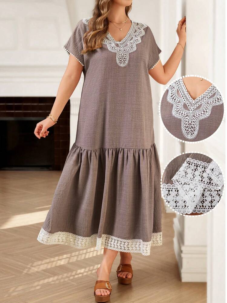 Plus Size Elegant Contrast Lace Ruffle Hem Dress, Summer French Style Dress Lounge Dress Summer Outfit For Women Beach Vacation Outfits Graduation Dress Women Wedding Guest Dress, Summer Dresses Gray Plus Size Dress