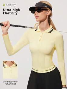 CourtClass Women's Striped Long Sleeve Single-Breasted Golf Polo Shirt - Cream - View 1