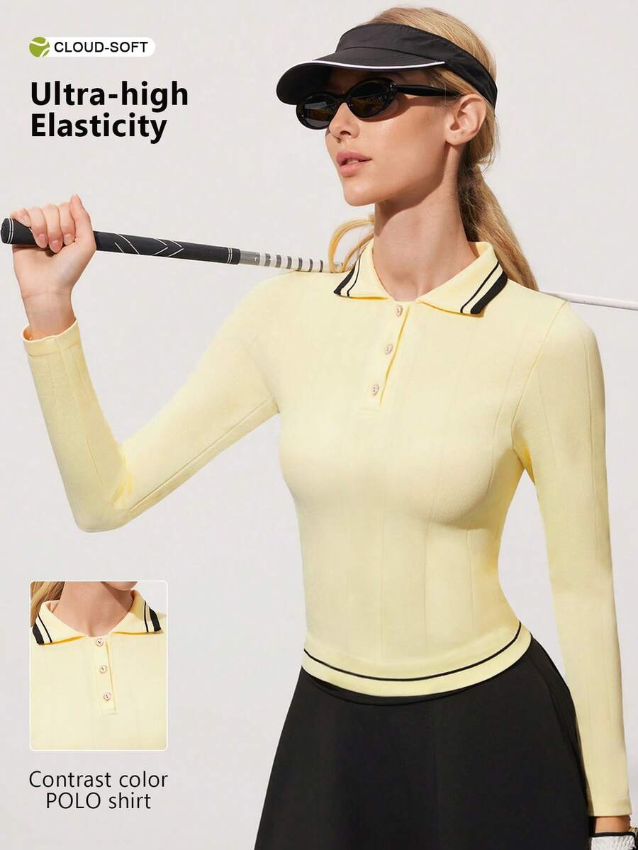 CourtClass Women's Striped Long Sleeve Single-Breasted Golf Polo Shirt - Cream - View 1