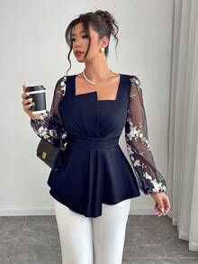 Cravure Blusa elegante de talla grande para mujer con cuello asimétrico, cintura ceñida, línea A, tela de malla con parches bordados, para otoño/invierno - Azul Marino - Ver 4