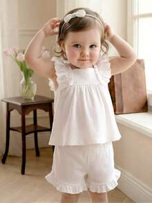 Souflis Souflis 2件套女婴幼儿/新生儿0-3岁春夏休闲度假公主风纹理编织短袖衬衫上衣和短裤套装，杏色 - 米色 - 查看 3