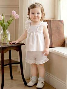 Souflis Souflis 2件套女婴幼儿/新生儿0-3岁春夏休闲度假公主风纹理编织短袖衬衫上衣和短裤套装，杏色 - 米色 - 查看 4