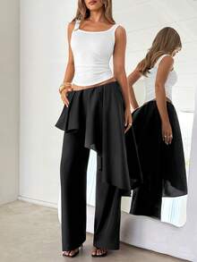 Siren Gaze 女士休闲纯色二合一阔腿裤 - 黑色 - 查看 4