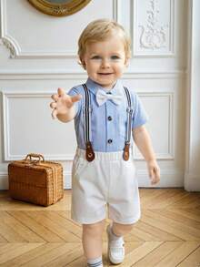 Souflis Souflis 两件套男婴复古英伦风正式绅士套装，蓝色条纹印花短袖衬衫配领结和休闲背带短裤，适合夏季穿着，6个月至3岁宝宝适用，可用于生日派对、晚宴、演出、婚礼、满月庆祝、生日、迎婴派对等场合。 - 彩色 - 查看 6