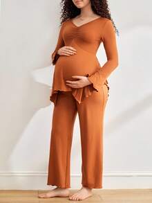 Moonlight&Mama Áo thun dài tay ôm dáng kiểu Y2K tay bồng xếp ly viền bèo dành cho bà bầu. - màu nâu - Xem 4