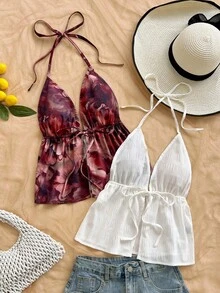 Soleia Bộ 2 áo hai dây màu đỏ nhuộm hoa văn, kiểu cổ yếm, cổ chữ V, hở lưng, chất liệu có họa tiết, thích hợp cho kỳ nghỉ, hẹn hò, tiệc trà chiều, lễ hội âm nhạc, phong cách boho. - Nhiều màu - Xem 4