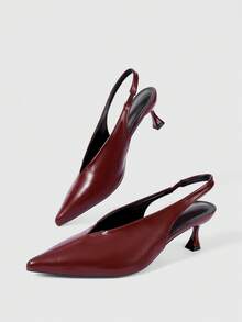 Sleekvia 女士尖头性感套脚酒红色PU后跟提拉带低帮春季鞋通勤细跟猫跟空心女鞋 - 酒紅色 - 查看 2