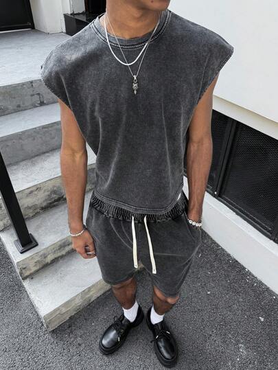 PAVTROS Men's Solid Color Crew Neck Tank Top And Drawstring Waist Casual Shorts Set