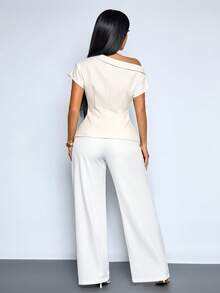 SOLERSUN Blazer Feminino de Manga Curta com Colarinho Assimétrico e Ajuste Slim, Modelo Elegante para Escritório e Uso Diário, Blazer Slim-Fit para Escritório/Festa para Mulheres - Damasco - Visão 3