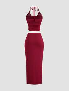 Sweetra Women's Wine Red Contrast Lace Halter Tie Waist Fitted Low Waist Side Ruched Slit Hem Skirt, Sexy & Chic European And American Style Two Pieces Set - Burgundy - View 2