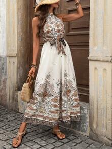 SHEIN Holidaya Đầm ngắn không tay cổ đứng dáng bohemian vintage in họa tiết paisley dành cho nữ, thích hợp cho mùa xuân/hè. - Nhiều màu - Xem 5