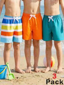 SHEIN Set de 3 pantalones cortos de verano para niño pequeño, compra 1 y llévate 2 gratis - Pantalones cortos de playa coloridos, conjunto de ropa de baño, pantalones cortos de playa verde menta, pantalones cortos de playa azules, pantalones cortos de playa naranja, pantalones cortos de playa con bloques de color, adecuados para /verano, salidas, San Valentín, citas, viajes, vacaciones, reuniones familiares, deportes, fiestas de cumpleaños - Multicolor - Ver 2