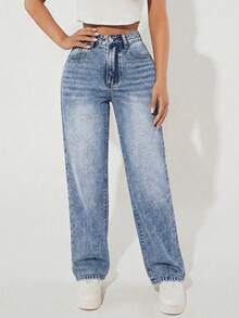 SHEIN PETITE Quần jeans ống đứng cạp cao, giặt mài, phong cách thường ngày - Rửa trung bình - Xem 6