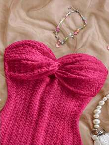 SHEIN PETITE CURVE Áo liền quần quây ngực màu trơn dáng rộng, cỡ lớn, kiểu xoắn. - Màu Hồng Tươi - Xem 3