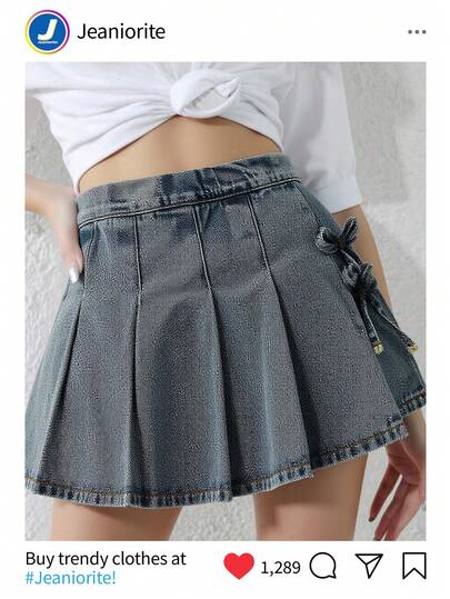SHEIN ChillGRL Tween Girls' Casual Vintage Washed Blue Skort With Side Bow Tie And Pleated Design, Comfortable Waistband And Versatile Denim Skort, New Arrival