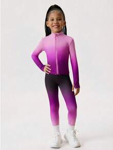 SHEIN 2pcs/Set Girls Sports Outfit, Elastic Fitted Zip-Up Jacket And High Waist Skinny Sports Pants, Suitable For Yoga, Tennis, Badminton, Outdoor Activities And Daily Training - Violet Purple - View 1