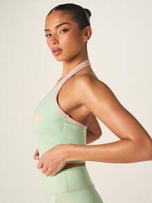 Missguided x Playboy Sage Halter Neck Sports Tank Top With Logo Print And Pink Contrast Trim - Green - View 4