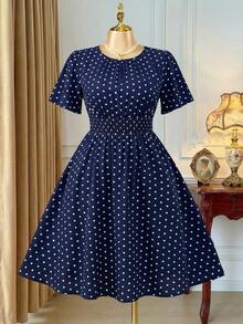 SHEIN Clasi 大码女式波尔卡圆点印花连衣裙女式夏季服装 - 藏蓝色 - 查看 2