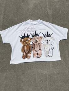 Manfinity Dauomo Tricou casual pentru bărbați cu mânecă scurtă, cu imprimeu de ursuleți și litere, la modă, casual - alb - Vizualizare 3