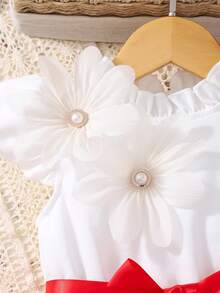 女童甜美公主风红白撞色荷叶袖连衣裙，饰有3D立体花朵和珍珠，配蝴蝶结腰带和薄纱，适合生日派对、聚会、日常穿着，春夏皆宜。 - 紅色 - 查看 5