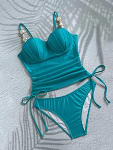 Swim Chiccia Bộ bikini hai mảnh kiểu dáng thanh lịch, gợi cảm, cổ điển dành cho nữ, thích hợp cho kỳ nghỉ hè và mùa hè, màu trơn, đính cườm, dây mảnh, cúp ngực xếp nếp, dây rút, hở lưng. - Màu xanh ngọc - Xem 3